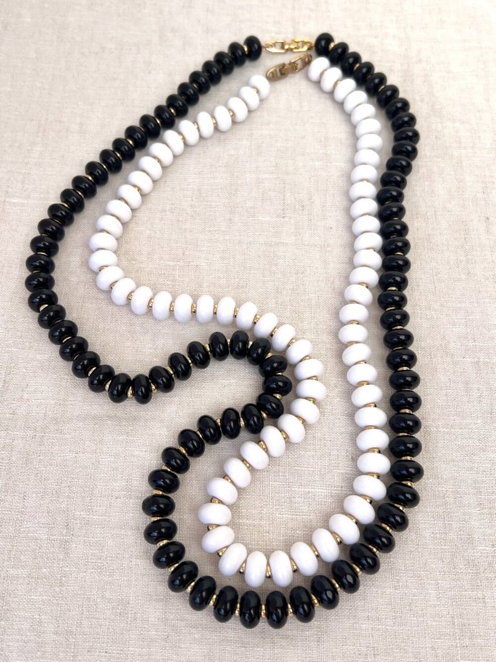 Vintage Mid Century Set of Two Black & White Glossy Rondelle Beaded Necklaces